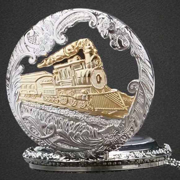 Train Locomotive Engine Pattern Pocket Watch With 16 inch Necklace Chain - Picture 4 of 6